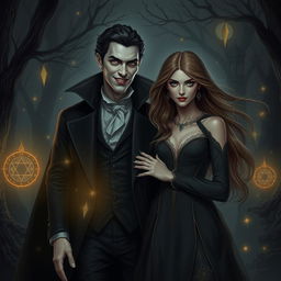 A charismatic vampire accompanied by a captivating woman, set in a dark and mysterious atmosphere embellished with glowing runes