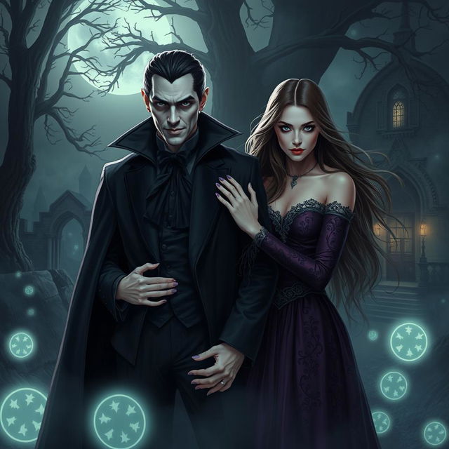 A charismatic vampire accompanied by a captivating woman, set in a dark and mysterious atmosphere embellished with glowing runes