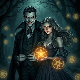 A charismatic vampire accompanied by a captivating woman, set in a dark and mysterious atmosphere embellished with glowing runes