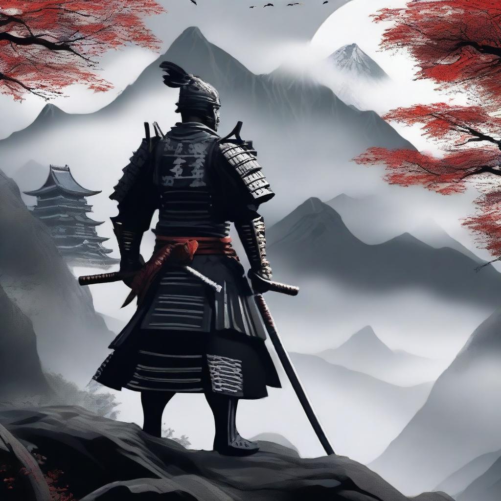 Generate an image of a regal samurai, donned in a striking black armor adorned with white accents