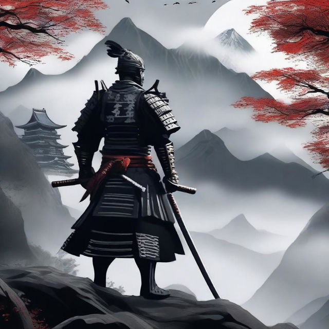 Generate an image of a regal samurai, donned in a striking black armor adorned with white accents