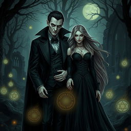 A charismatic vampire accompanied by a captivating woman, set in a dark and mysterious atmosphere embellished with glowing runes