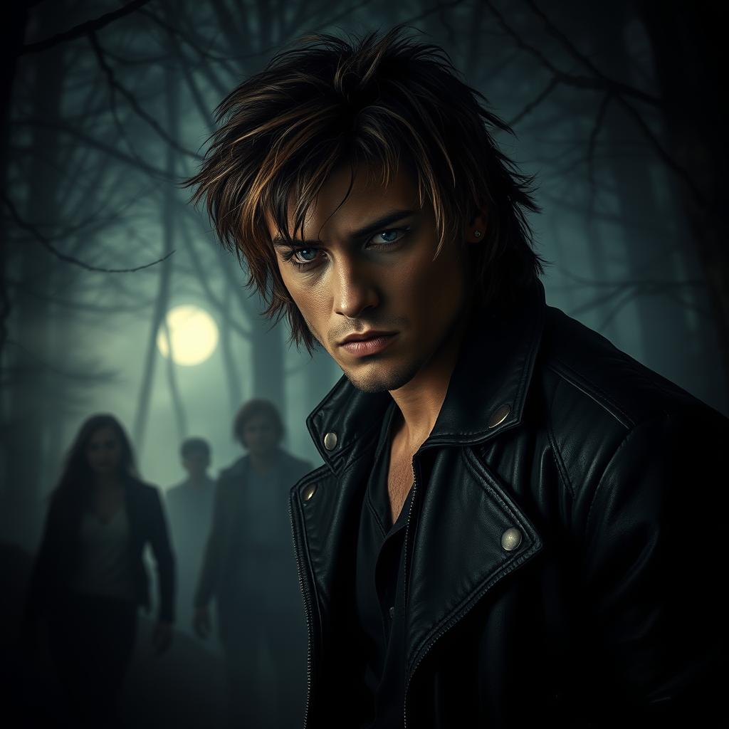 A dramatic scene inspired by a supernatural teen drama series, featuring a charismatic werewolf character in a dark forest setting, surrounded by mist and the glow of the moonlight filtering through tree branches, showcasing intense emotions and a sense of mystery
