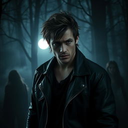 A dramatic scene inspired by a supernatural teen drama series, featuring a charismatic werewolf character in a dark forest setting, surrounded by mist and the glow of the moonlight filtering through tree branches, showcasing intense emotions and a sense of mystery