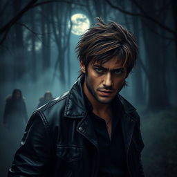 A dramatic scene inspired by a supernatural teen drama series, featuring a charismatic werewolf character in a dark forest setting, surrounded by mist and the glow of the moonlight filtering through tree branches, showcasing intense emotions and a sense of mystery
