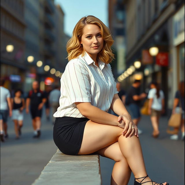 An analogue Fuji film photograph featuring an average curvy woman with shoulder-length wavy strawberry blonde hair