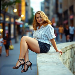 An analogue Fuji film photograph featuring an average curvy woman with shoulder-length wavy strawberry blonde hair