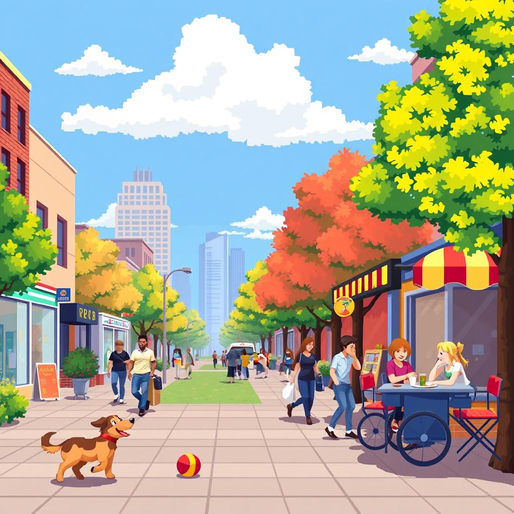 A pixel art scene featuring a vibrant everyday city life