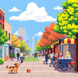 A pixel art scene featuring a vibrant everyday city life