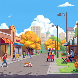 A pixel art scene featuring a vibrant everyday city life