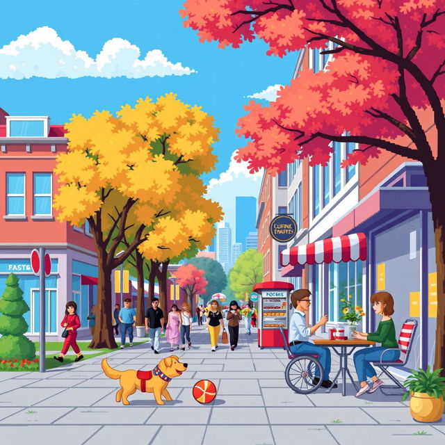 A pixel art scene featuring a vibrant everyday city life