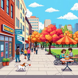 A pixel art scene featuring a vibrant everyday city life