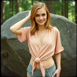 An analogue Fuji film photo capturing a gorgeous and fit woman with shoulder-length strawberry blonde hair and light-blue eyes