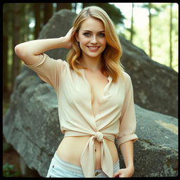 An analogue Fuji film photo capturing a gorgeous and fit woman with shoulder-length strawberry blonde hair and light-blue eyes
