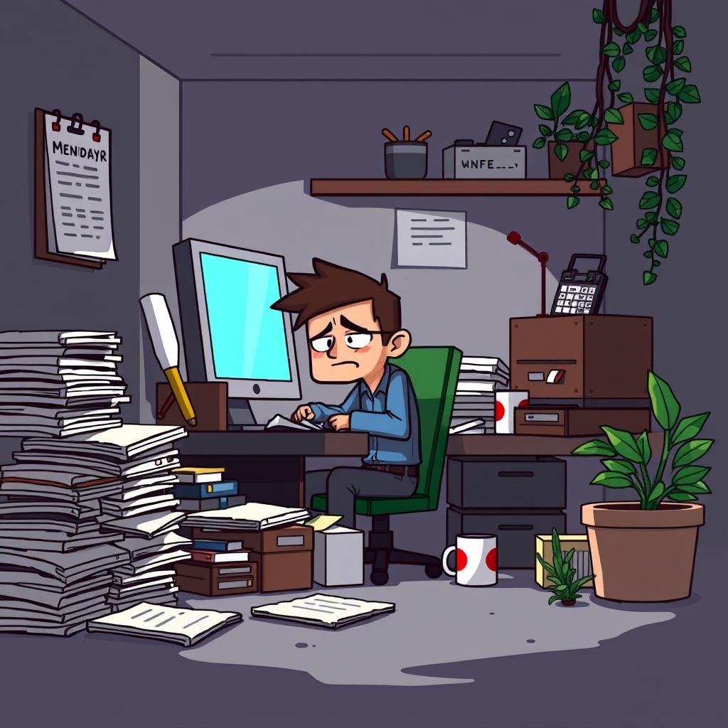A pixel art illustration depicting the monotony of daily life, featuring a character sitting at a desk in a small, cluttered office space