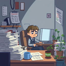 A pixel art illustration depicting the monotony of daily life, featuring a character sitting at a desk in a small, cluttered office space