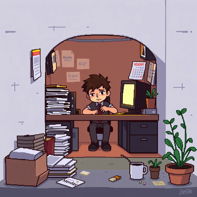 A pixel art illustration depicting the monotony of daily life, featuring a character sitting at a desk in a small, cluttered office space