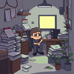 A pixel art illustration depicting the monotony of daily life, featuring a character sitting at a desk in a small, cluttered office space