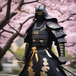 Generate an image of a powerful royal samurai, cloaked in an impressive black armor trimmed with golden accents