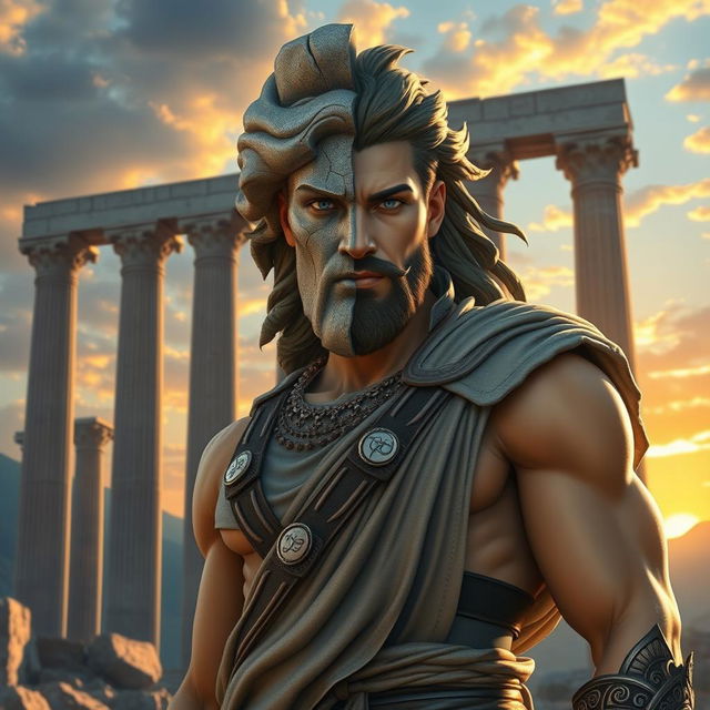 A majestic figure from Greek mythology, portrayed as a tall and muscular man, standing confidently in a breathtaking ancient landscape