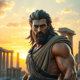 A majestic figure from Greek mythology, portrayed as a tall and muscular man, standing confidently in a breathtaking ancient landscape