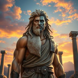 A majestic figure from Greek mythology, portrayed as a tall and muscular man, standing confidently in a breathtaking ancient landscape