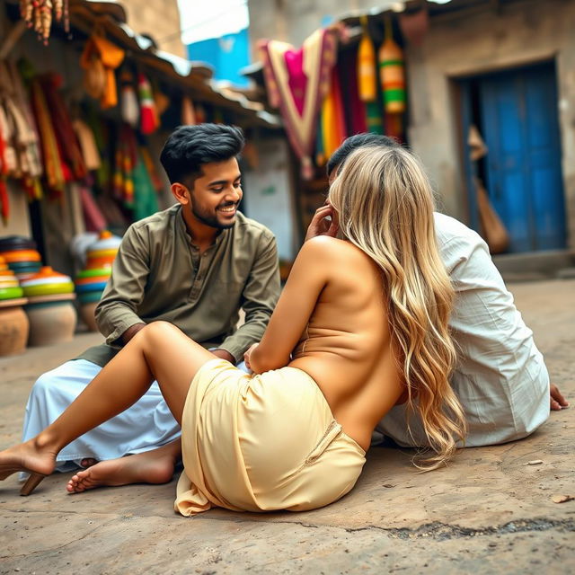 A cute blonde woman with a charming personality, featuring a big, alluring backside and sexy legs, is depicted in a vibrant Indian village setting