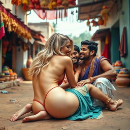 A cute blonde woman with a charming personality, featuring a big, alluring backside and sexy legs, is depicted in a vibrant Indian village setting