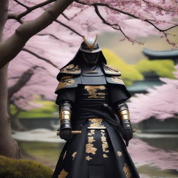 Generate an image of a powerful royal samurai, cloaked in an impressive black armor trimmed with golden accents