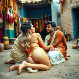 A cute blonde woman with a charming personality, featuring a big, alluring backside and sexy legs, is depicted in a vibrant Indian village setting