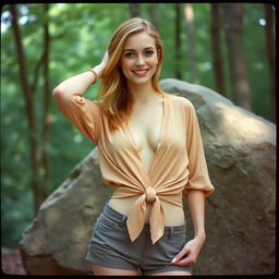 An analogue Fuji film photo showcasing a beautiful and fit woman with shoulder-length strawberry blonde hair and light-blue eyes, displaying a big smile