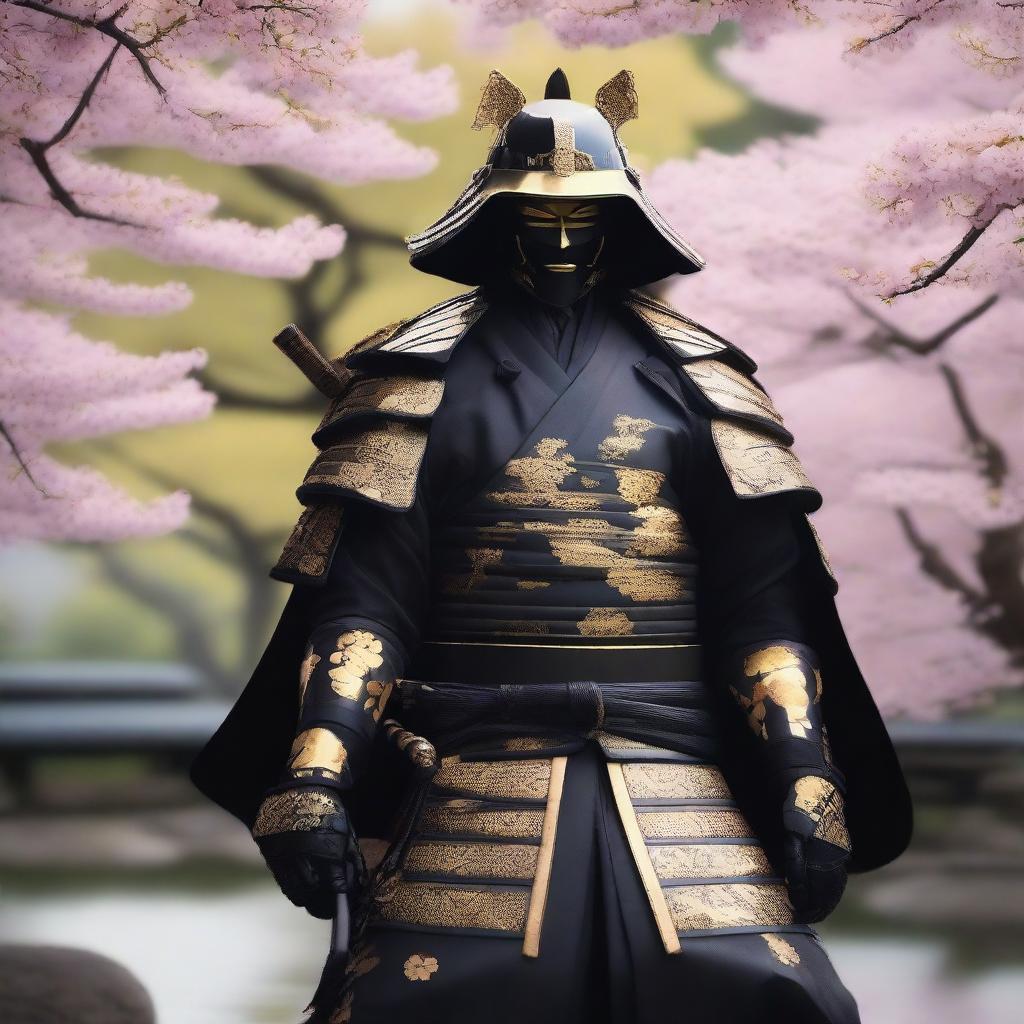 Generate an image of a powerful royal samurai, cloaked in an impressive black armor trimmed with golden accents