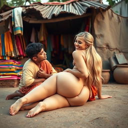 A cute blonde woman with a voluptuous figure, showcasing a big, appealing backside and long, sexy legs, is portrayed in a lively Indian village setting