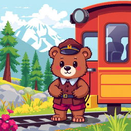 A pixel art scene depicting a cute bear cub as a train conductor on a passenger train