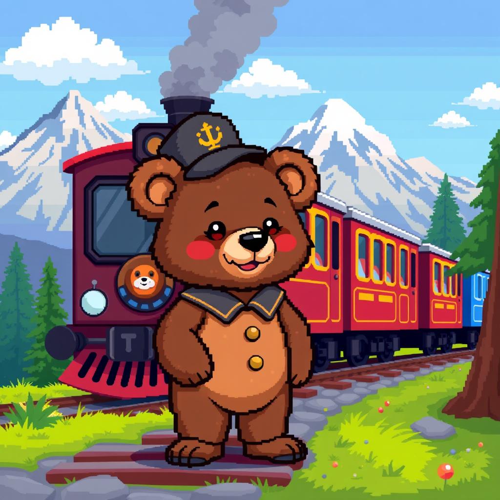 A pixel art scene depicting a cute bear cub as a train conductor on a passenger train