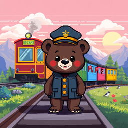 A pixel art scene depicting a cute bear cub as a train conductor on a passenger train
