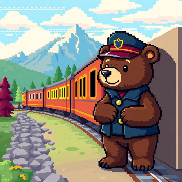 A pixel art scene depicting a cute bear cub as a train conductor on a passenger train