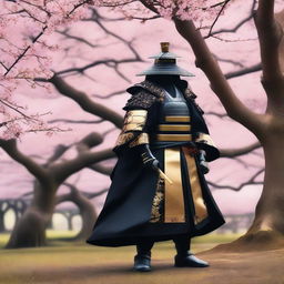 Generate an image of a powerful royal samurai, cloaked in an impressive black armor trimmed with golden accents