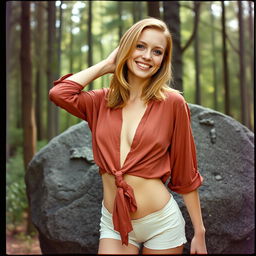 An analogue Fuji film photo featuring a stunning and fit woman with shoulder-length strawberry blonde hair and bright light-blue eyes, radiating joy with a big smile