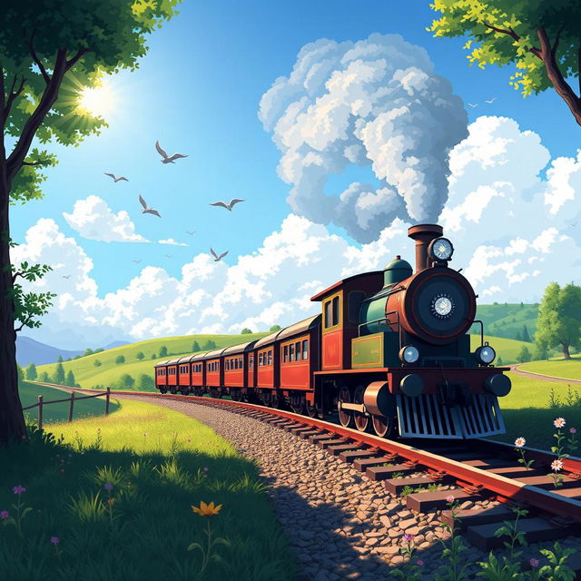 A pixel art scene depicting a nostalgic and atmospheric train traveling through a beautifully detailed landscape