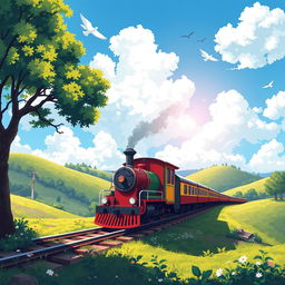 A pixel art scene depicting a nostalgic and atmospheric train traveling through a beautifully detailed landscape