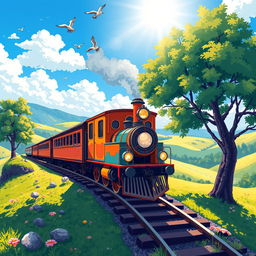 A pixel art scene depicting a nostalgic and atmospheric train traveling through a beautifully detailed landscape