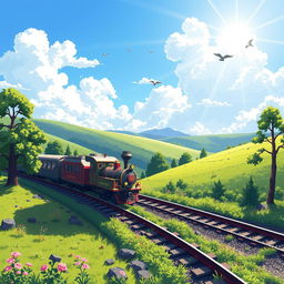 A pixel art scene depicting a nostalgic and atmospheric train traveling through a beautifully detailed landscape