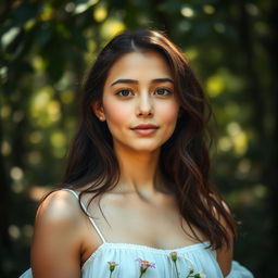 A serene and ethereal scene featuring a young woman standing confidently in nature, surrounded by soft sunlight filtering through the leaves of a forest