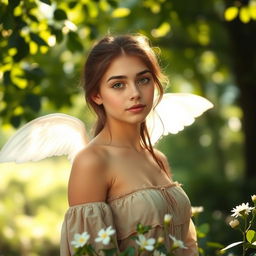 A serene and ethereal scene featuring a young woman standing confidently in nature, surrounded by soft sunlight filtering through the leaves of a forest