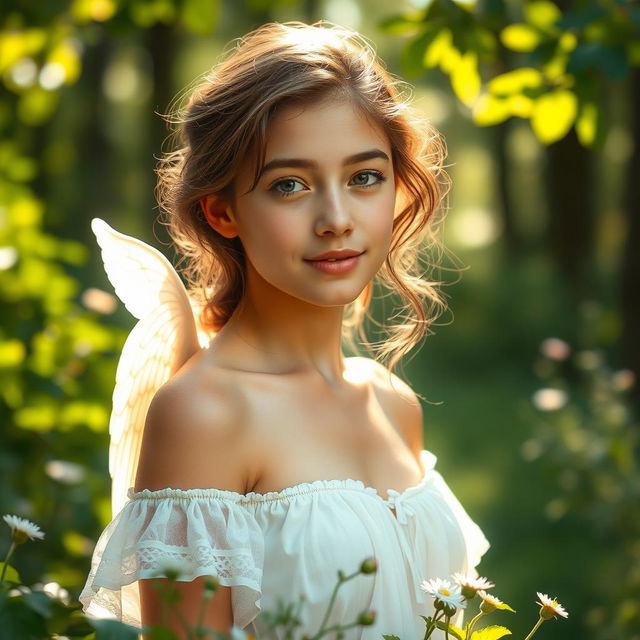 A serene and ethereal scene featuring a young woman standing confidently in nature, surrounded by soft sunlight filtering through the leaves of a forest