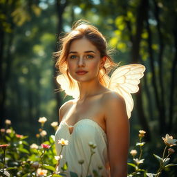 A serene and ethereal scene featuring a young woman standing confidently in nature, surrounded by soft sunlight filtering through the leaves of a forest