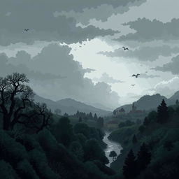 A pixel art scene depicting a detailed atmospheric setting under a grey sky
