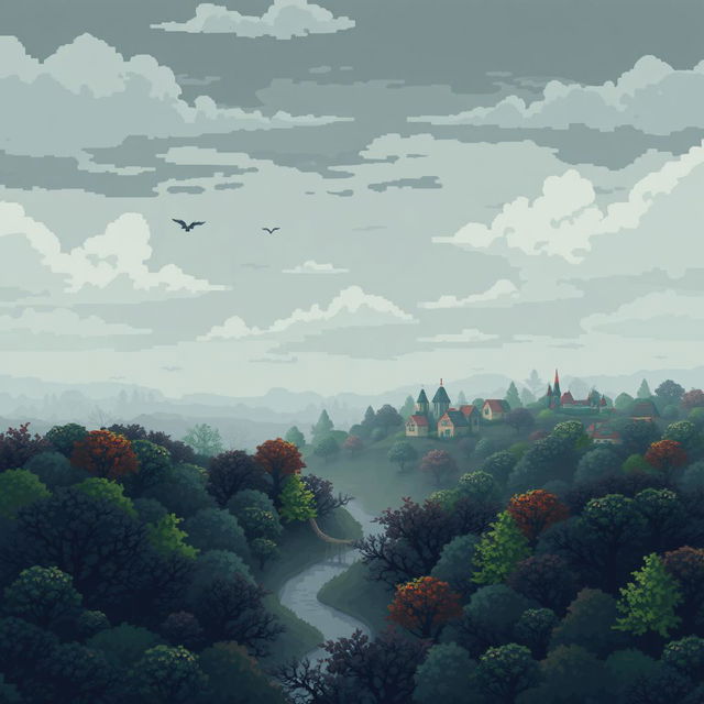 A pixel art scene depicting a detailed atmospheric setting under a grey sky