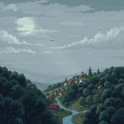 A pixel art scene depicting a detailed atmospheric setting under a grey sky